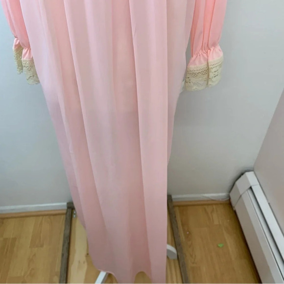 Vintage Nylon Long Nightgown Small  Pink  Lace High Neck Ruffle Sleeve Modest - Picture 3 of 12